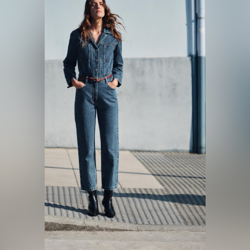 Zara Long Blue Hardworking Denim Overalls Jumpsuit Sz S